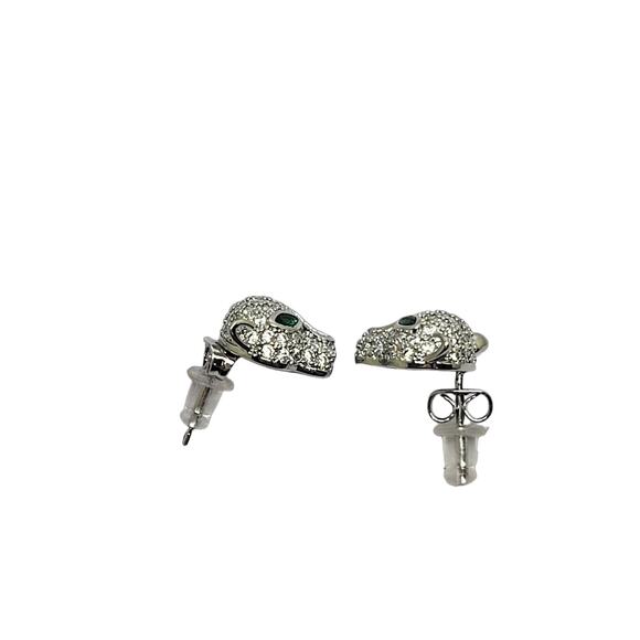 Silvertone Round Pave` Crystal Green Marquise Eyes Panther Cat Stud Earrings - Picture 3 of 9